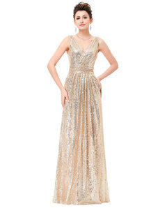 Luxury Gold Silver Long Sequin Double V Neck Sleeveless Evening Dress