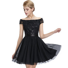 Sexy Off-Shoulder Short Black Evening Dress Courte Elegant Cap Sleeve Sequin Evening Gown