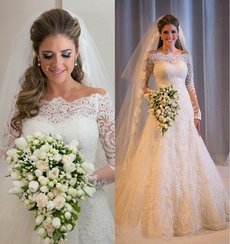 Sexy Tulle Lace Appliques Boat Neck Long Sleeves Mermaid Country Wedding Dresses 