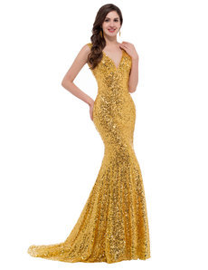 Luxury Long Mermaid Evening Gown Deep V Red Golden Formal Prom Dresses 