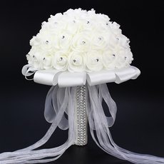 Artificial Rose Foamflower Bridesmaid Wedding Bridal Bouquet White Satin Crystal Wedding Bouquet 